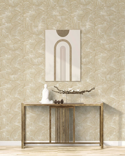 A console table with decor sits under abstract art, in front of Palm Fronds Wallpaper.