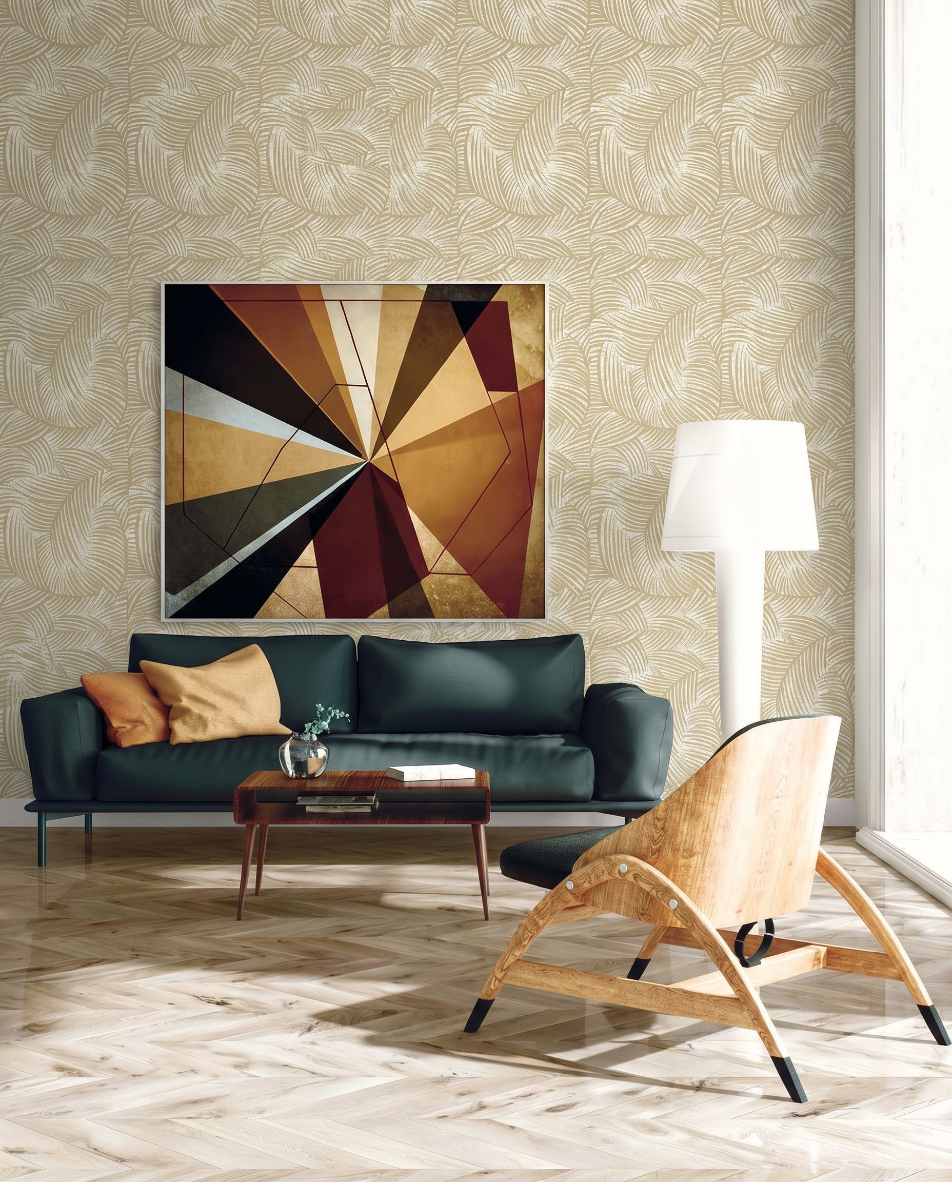 Modern living room with a dark sofa, geometric art, and Palm Fronds Wallpaper brightened by a large window’s light.
