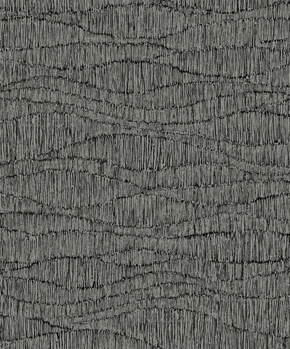 Wavy Wallpaper features a dark textured surface with irregular lines for an abstract, bark-like washable design.