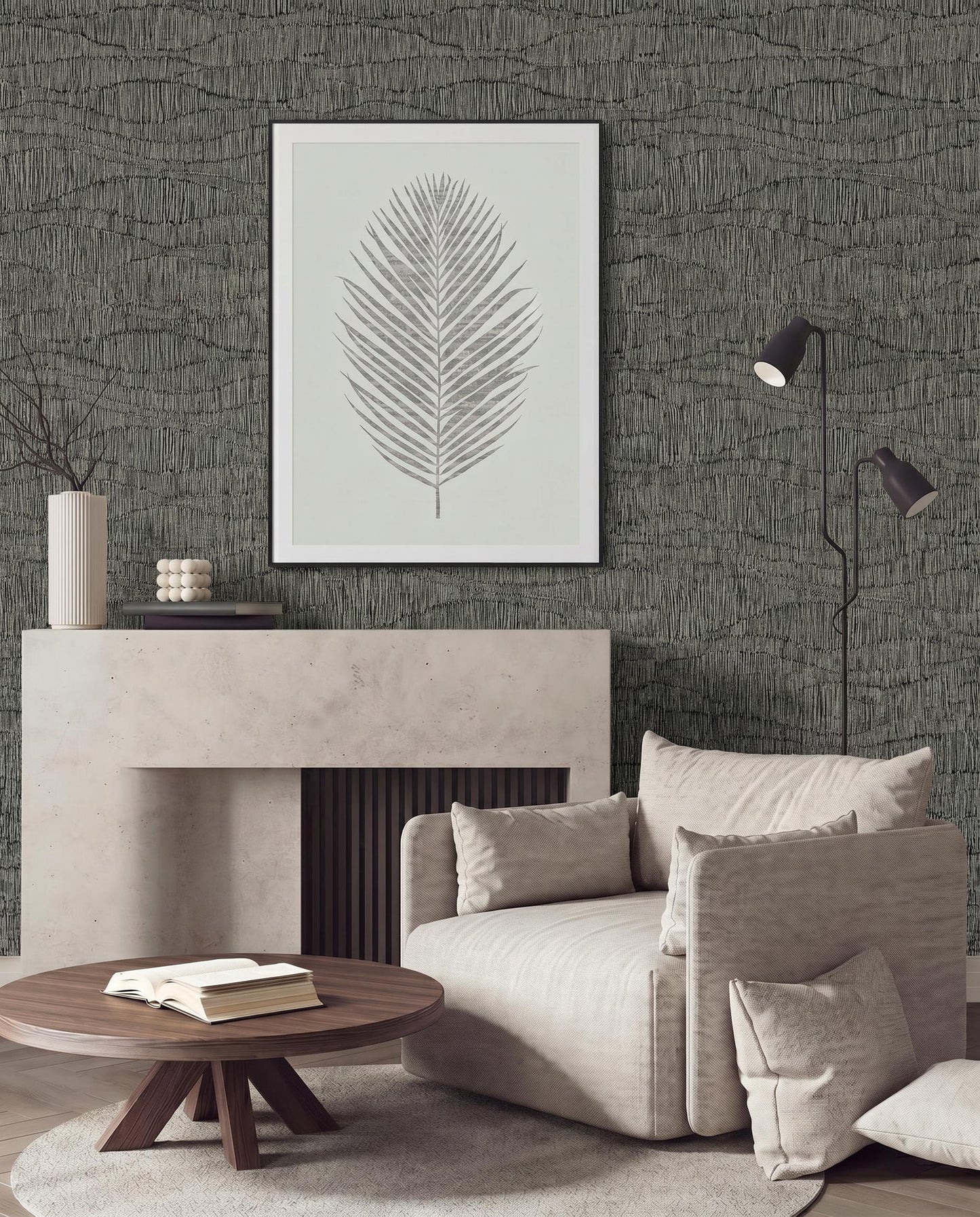 Modern living room with Wavy Wallpaper, a framed leaf print, beige armchair, round table, and floor lamp.