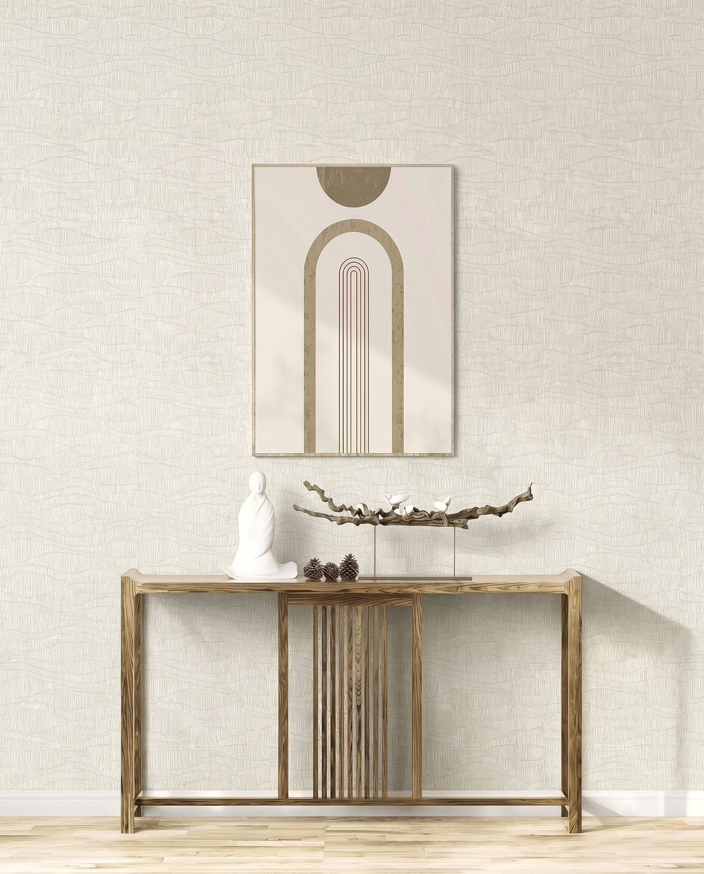 Wavy Wallpaper adds texture to a modern interior with a minimalist console and abstract art decor.