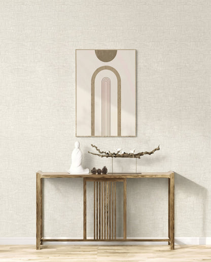 Wavy Wallpaper adds texture to a modern interior with a minimalist console and abstract art decor.