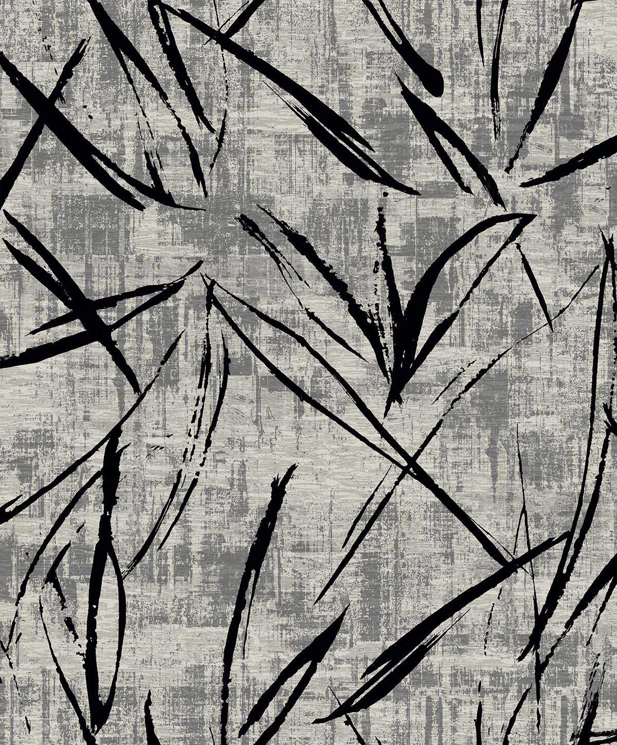 Brushstroke Wallpaper features black brushstroke lines on textured gray for a modern, dynamic, washable wall finish.