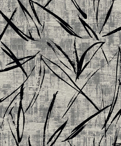 Brushstroke Wallpaper features black brushstroke lines on textured gray for a modern, dynamic, washable wall finish.