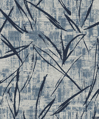 Brushstroke Wallpaper features abstract blue brushstrokes and lines on a textured, light gray, washable surface.