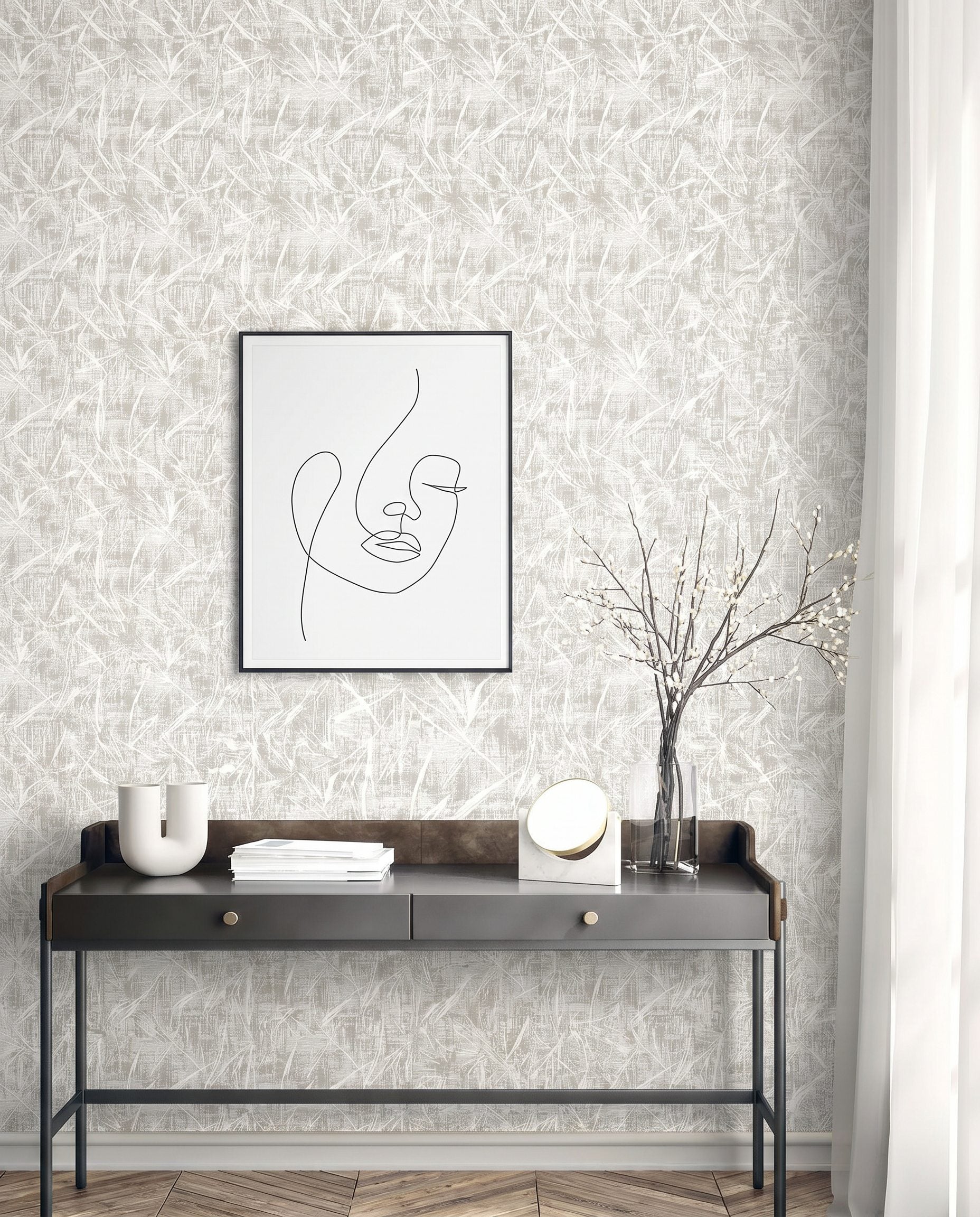 Minimalist console table with decor under line art, set against a wall with Brushstroke Wallpaper.