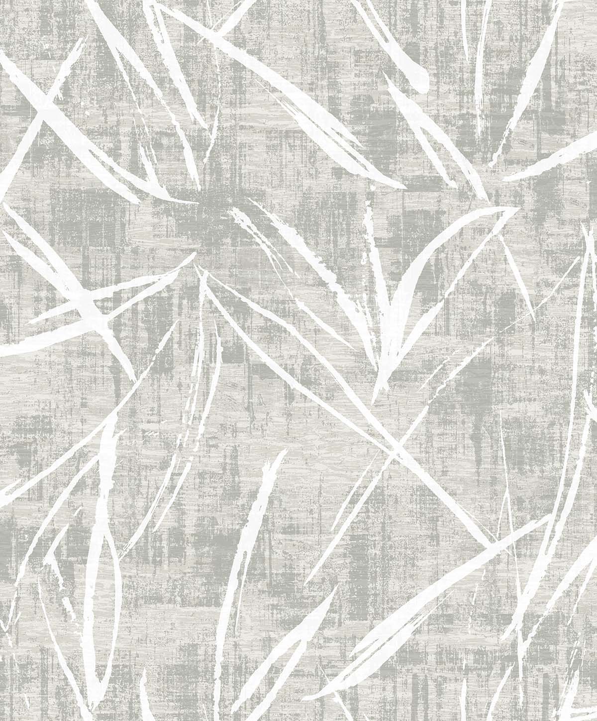 Brushstroke Wallpaper features white leaf shapes on textured, washable wallpaper in light gray and beige tones.