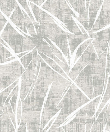 Brushstroke Wallpaper features white leaf shapes on textured, washable wallpaper in light gray and beige tones.