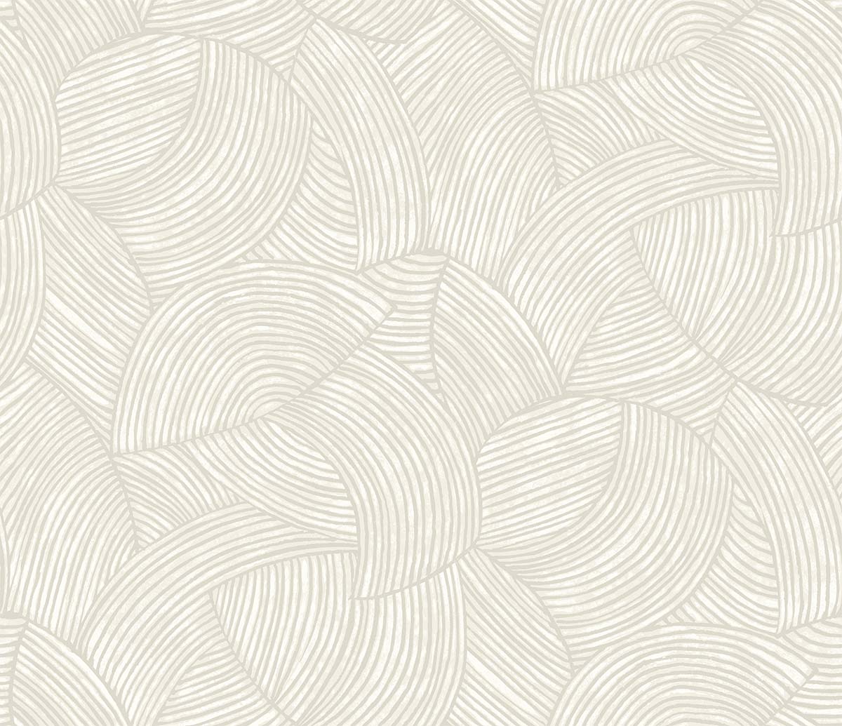 Fan Wallpaper features an abstract pattern of overlapping curved beige and white lines, ideal for washable walls.