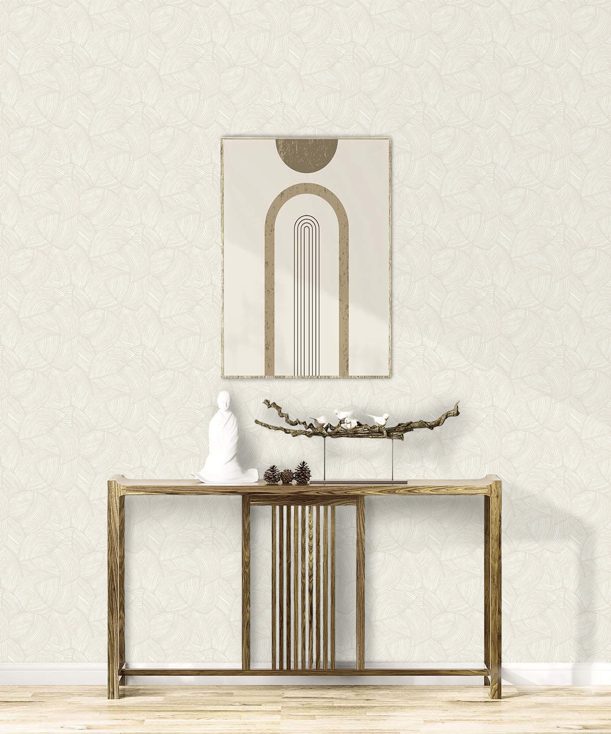 Minimalist console table with decor, a white statue, and abstract wall art on Fan Wallpaper.