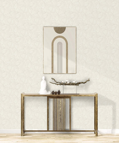 Minimalist console table with decor, a white statue, and abstract wall art on Fan Wallpaper.