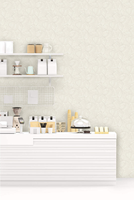 Minimalist coffee shop counter with cups, saucers, shelves, and a light Fan Wallpaper on the wall.