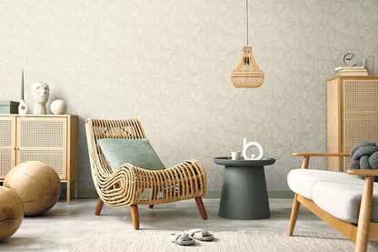 Modern living room with wicker furniture, rattan lamp, Fan Wallpaper, neutral tones, and minimalistic decor.