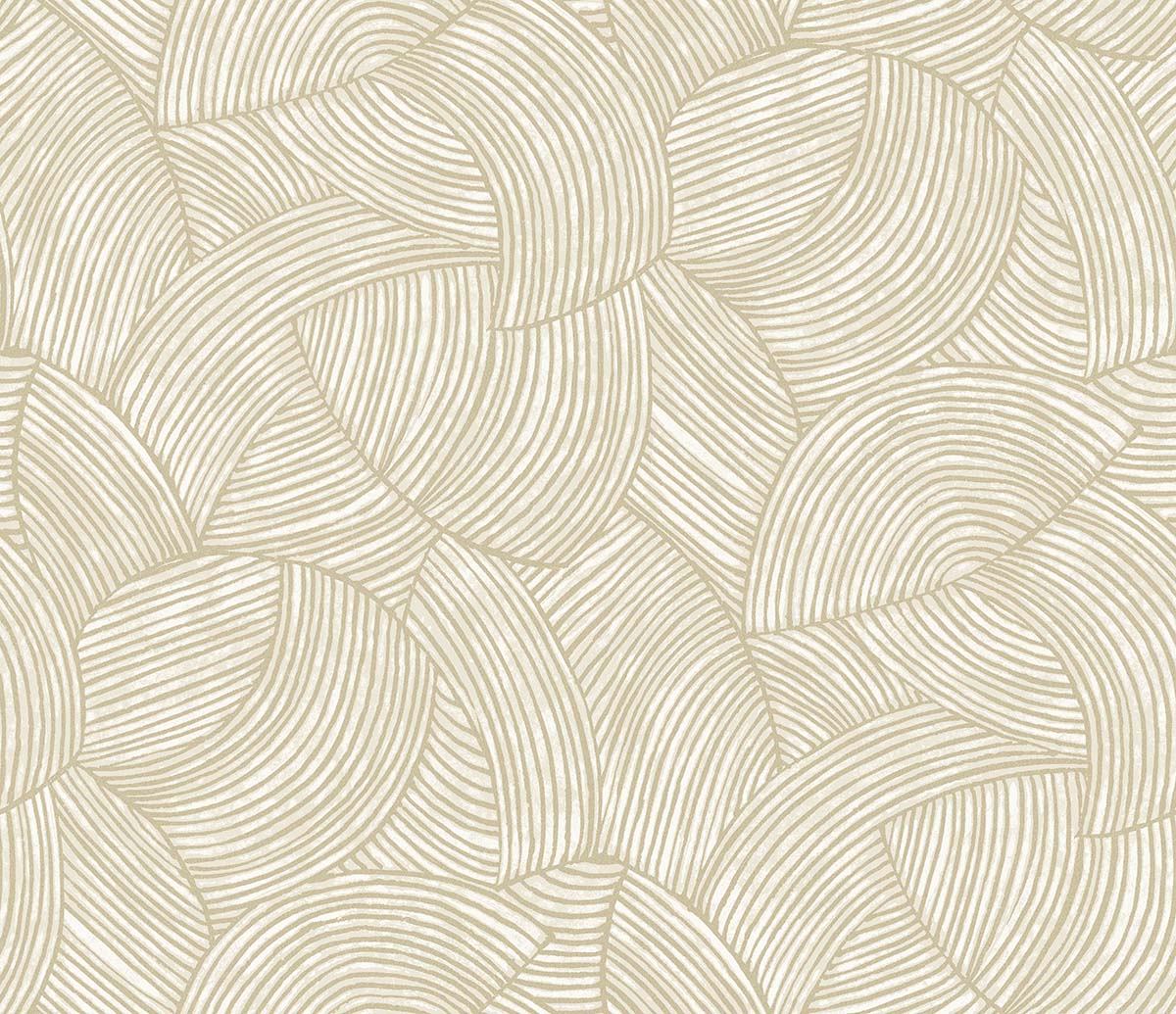 Fan Wallpaper in beige features abstract overlapping curved lines forming semi-circular and fan shapes on a light background.