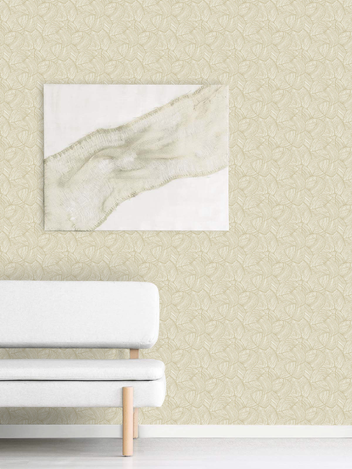 Minimalist room with a light gray sofa and abstract art on beige Fan Wallpaper, washable and non-woven.