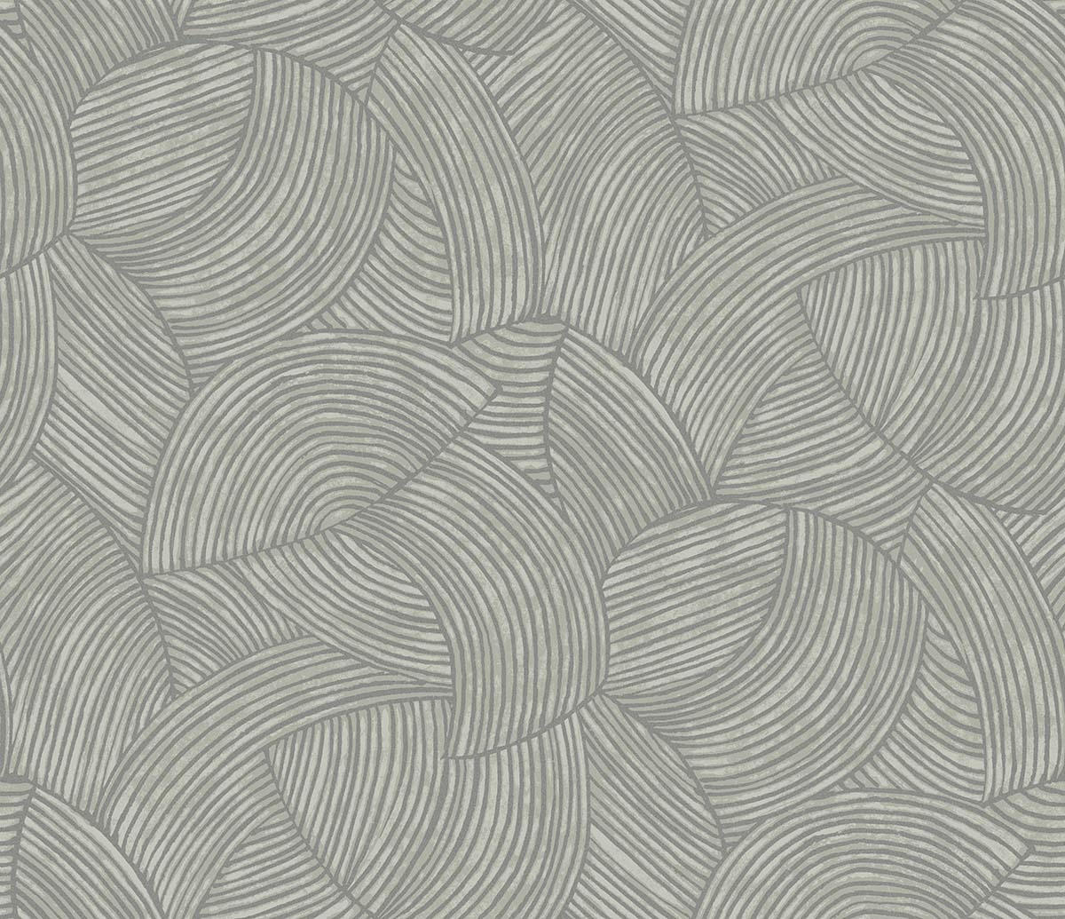 Fan Wallpaper features overlapping curved lines in gray, creating semi-circles and ovals on washable, non-woven material.