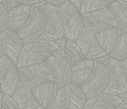 Fan Wallpaper features overlapping curved lines in gray, creating semi-circles and ovals on washable, non-woven material.