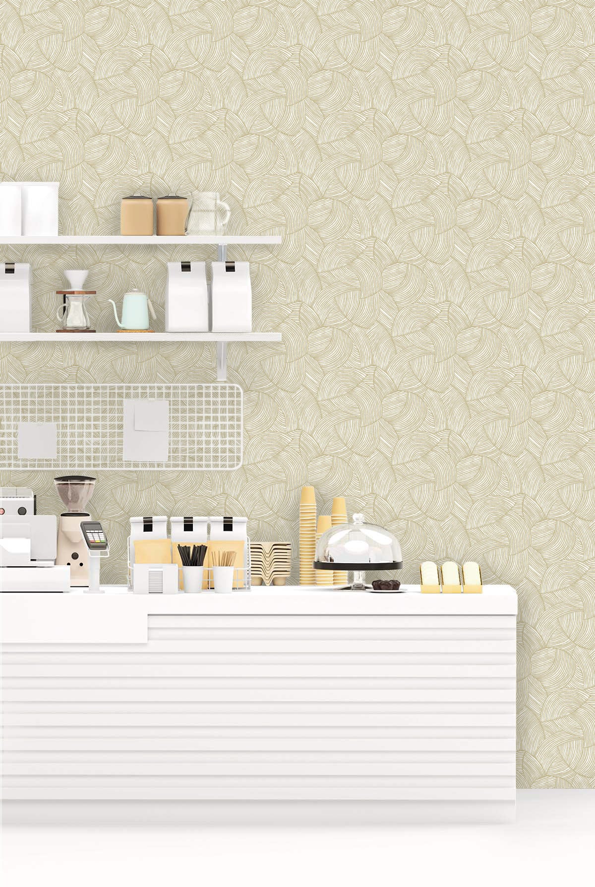 Minimalist coffee counter with cups and pastries against a beige patterned Fan Wallpaper.
