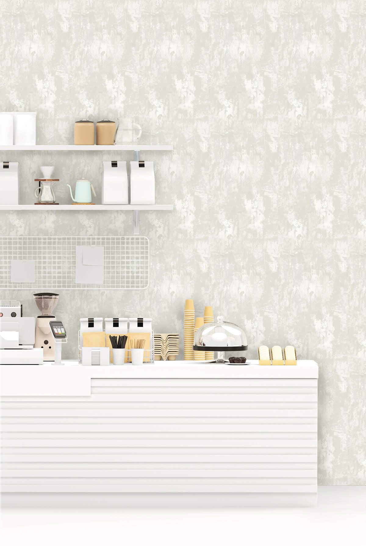 Minimalist coffee shop counter with cups, pastries, and shelves set against Faux Concrete Wallpaper backdrop.
