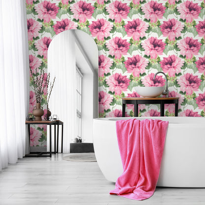 Bathroom with wall decorated with Pink Aquarelle Floral Peel & Stick Casa Mia Wallcovering.