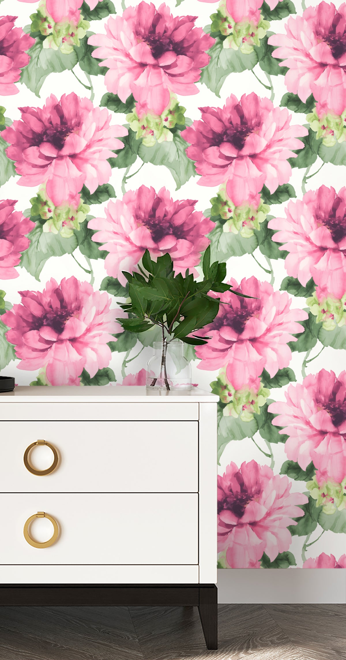Wall decorated with Pink Aquarelle Floral Peel & Stick Casa Mia Wallcovering.