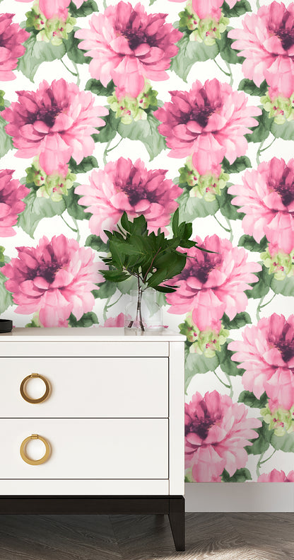 Wall decorated with Pink Aquarelle Floral Peel & Stick Casa Mia Wallcovering.