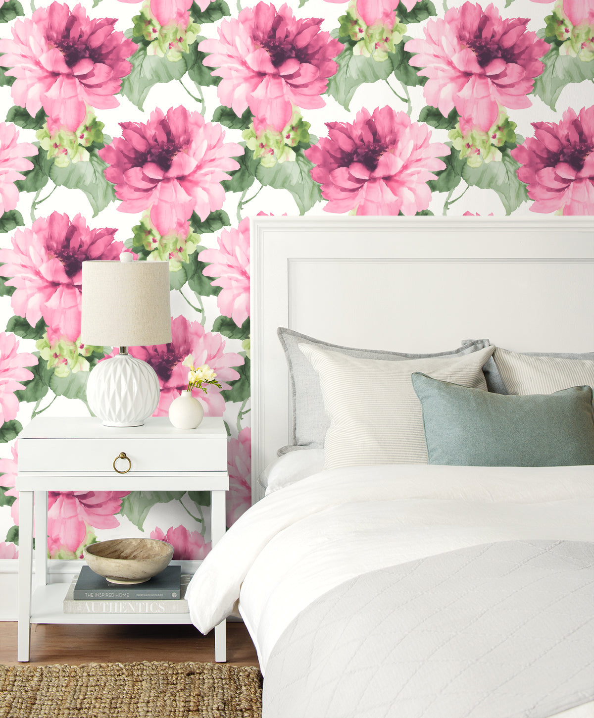 Bedroom wall decorated with Pink Aquarelle Floral Peel & Stick Casa Mia Wallcovering.
