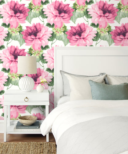 Bedroom wall decorated with Pink Aquarelle Floral Peel & Stick Casa Mia Wallcovering.