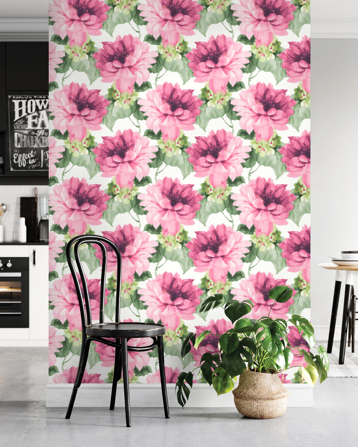 Wall decorated with Pink Aquarelle Floral Peel & Stick Casa Mia Wallcovering.