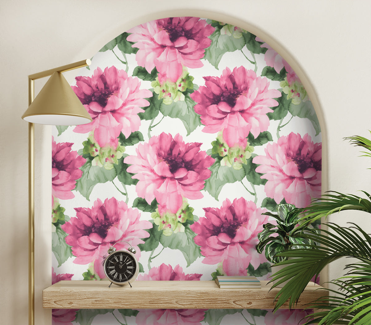 Niche in the wall decorated with Pink Aquarelle Floral Peel & Stick Casa Mia Wallcovering.