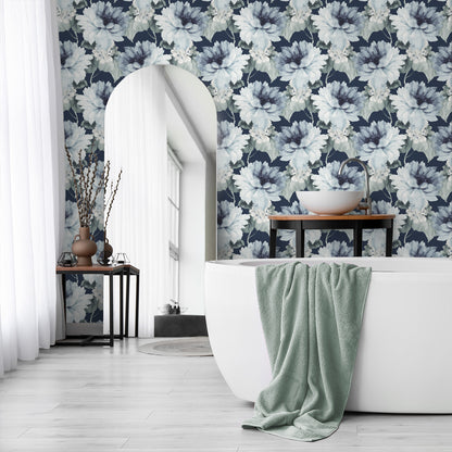 Bathroom with wall decorated with Blue Aquarelle Floral Peel & Stick Casa Mia Wallcovering.