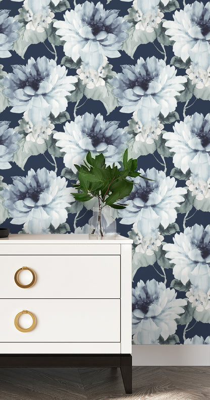 Wall decorated with Blue Aquarelle Floral Peel & Stick Casa Mia Wallcovering.