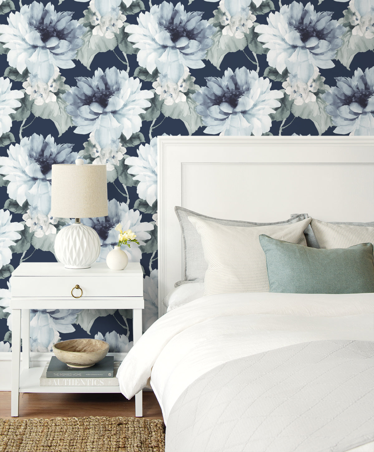 Bedroom wall decorated with Blue Aquarelle Floral Peel & Stick Casa Mia Wallcovering.