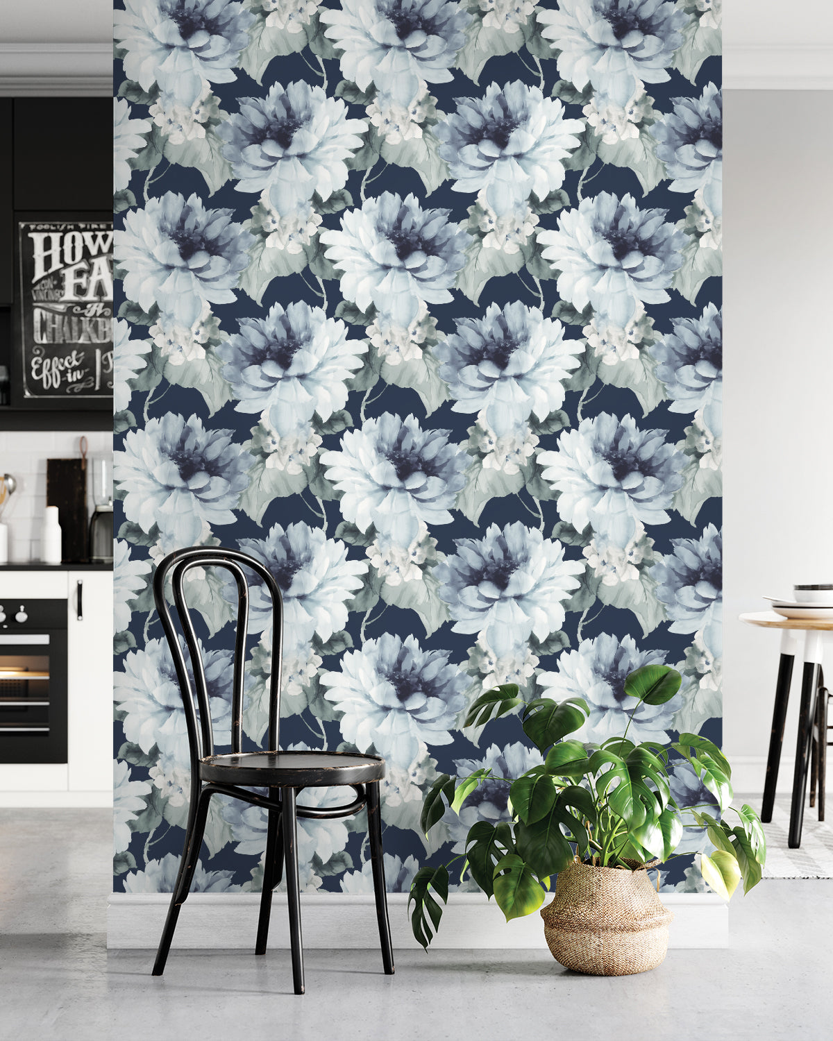 Wall decorated with Blue Aquarelle Floral Peel & Stick Casa Mia Wallcovering.