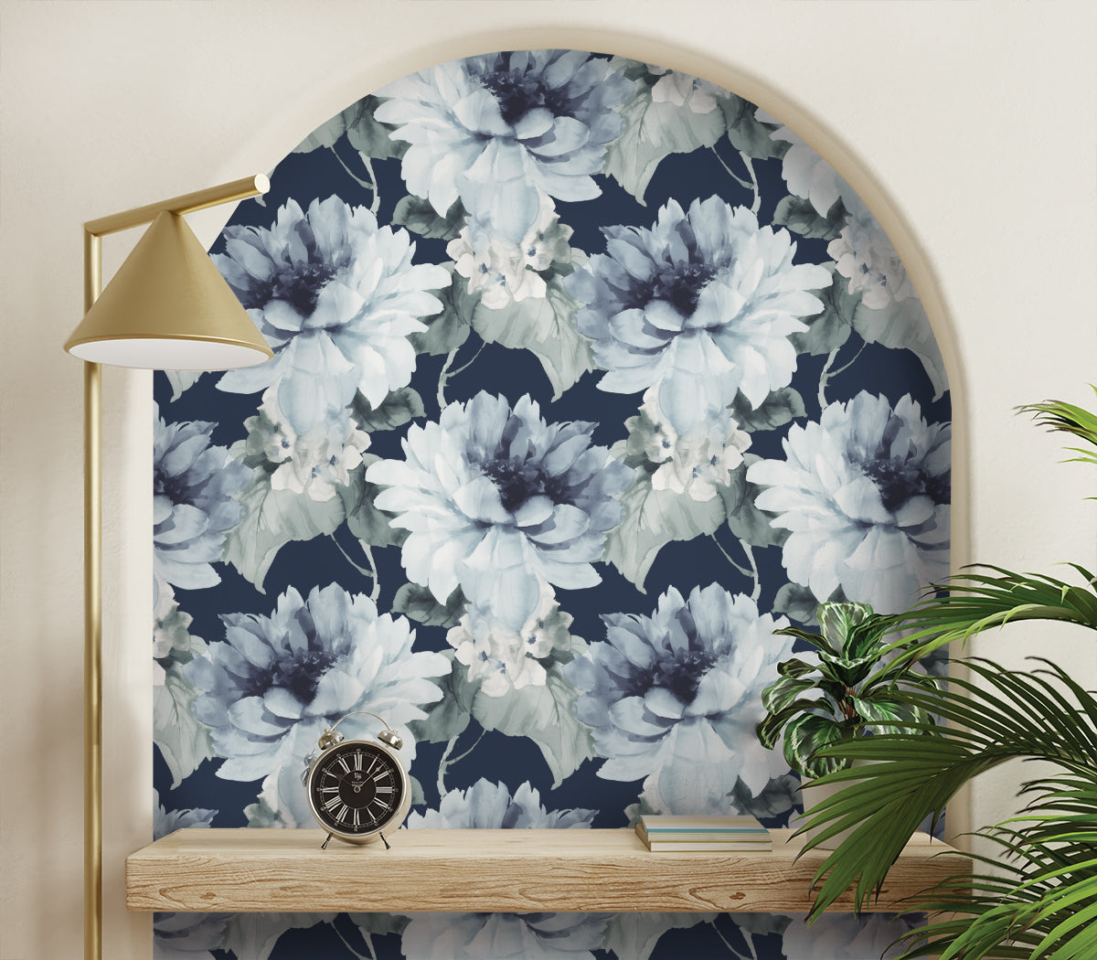 Niche on the wall decorated with Blue Aquarelle Floral Peel & Stick Casa Mia Wallcovering.