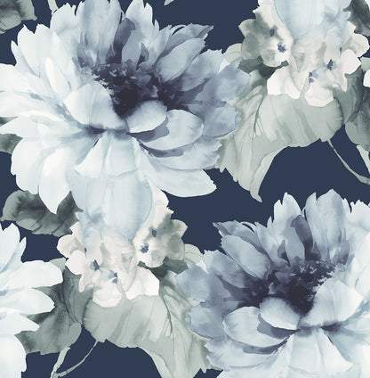 Blue Aquarelle Floral Peel & Stick Casa Mia Wallcovering close-up.