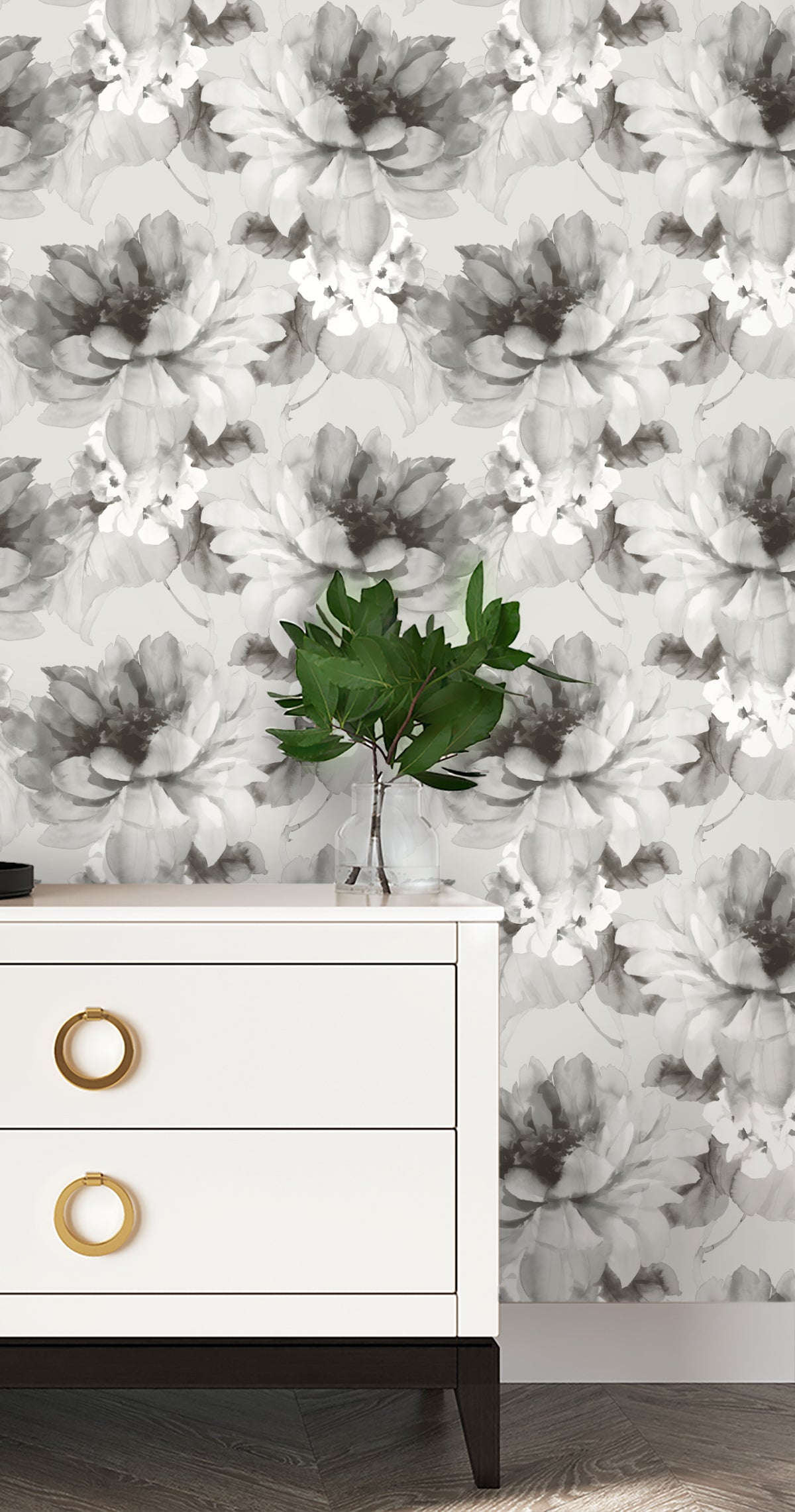 Wall decorated with Silver Aquarelle Floral Peel & Stick Casa Mia Wallcovering.