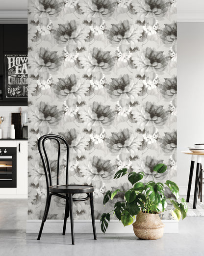 Wall decorated with Silver Aquarelle Floral Peel & Stick Casa Mia Wallcovering.