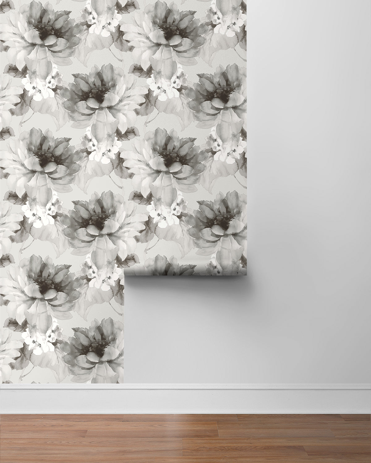 Silver Aquarelle Floral Peel & Stick Casa Mia Wallcovering sample roll.
