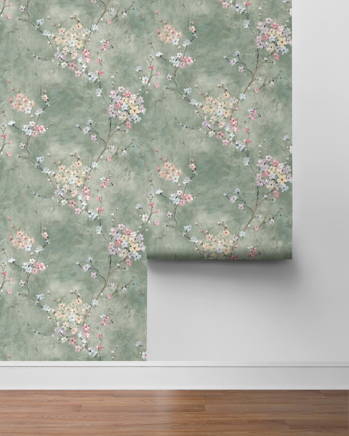 Green Blossom Branch Peel & Stick Casa Mia Wallcovering sample roll.
