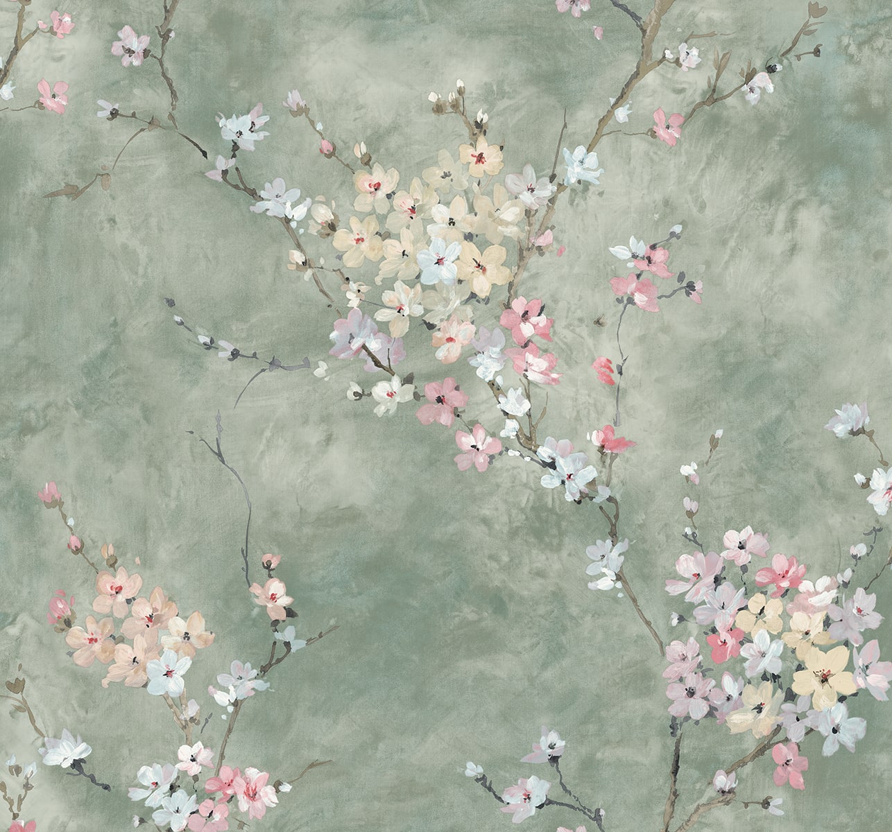 Green Blossom Branch Peel & Stick Casa Mia Wallcovering close-up.