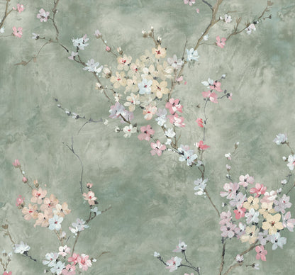 Green Blossom Branch Peel & Stick Casa Mia Wallcovering close-up.