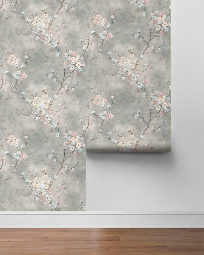 Gray Blossom Branch Peel & Stick Casa Mia Wallcovering sample roll.