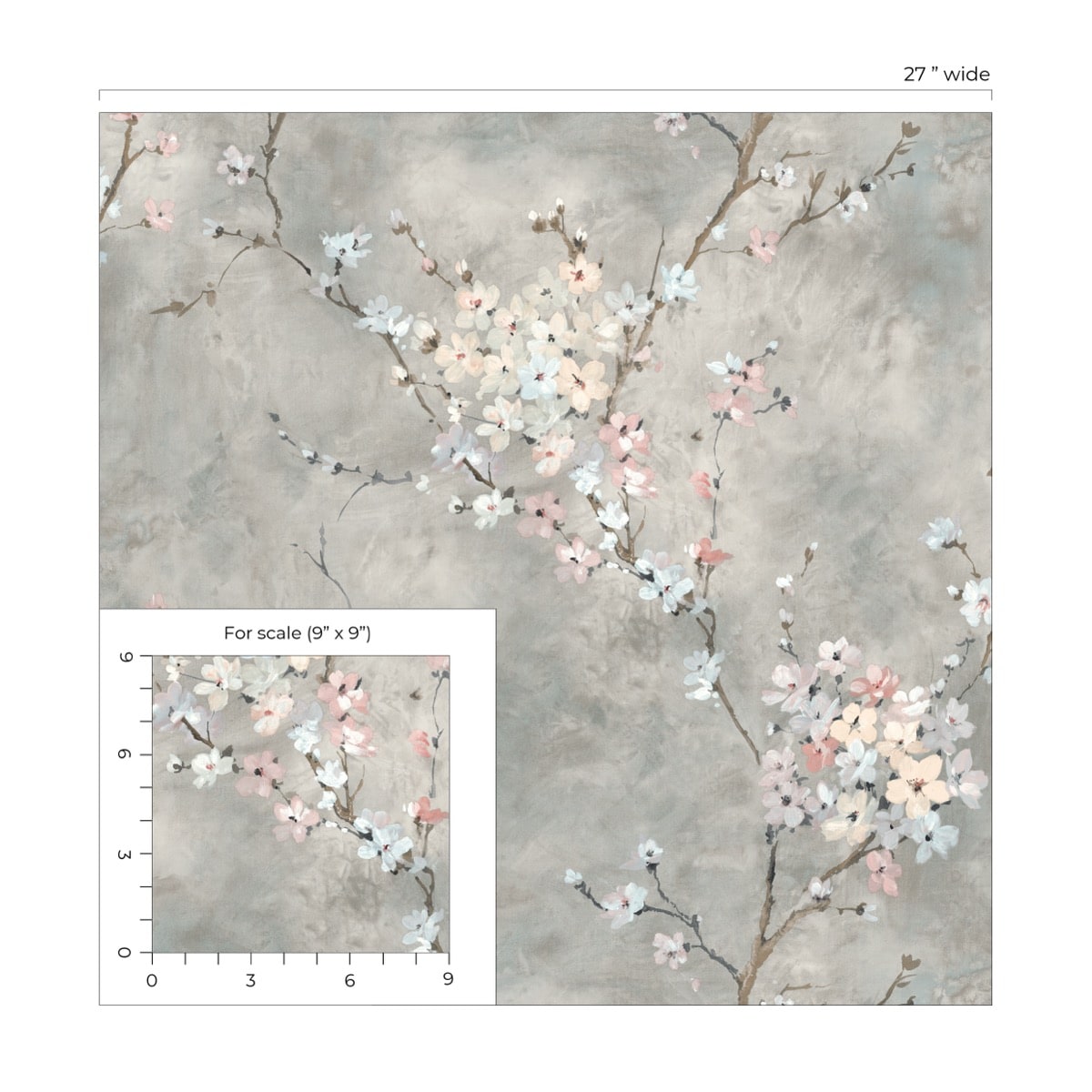 Gray Blossom Branch Peel & Stick Casa Mia Wallcovering scale.