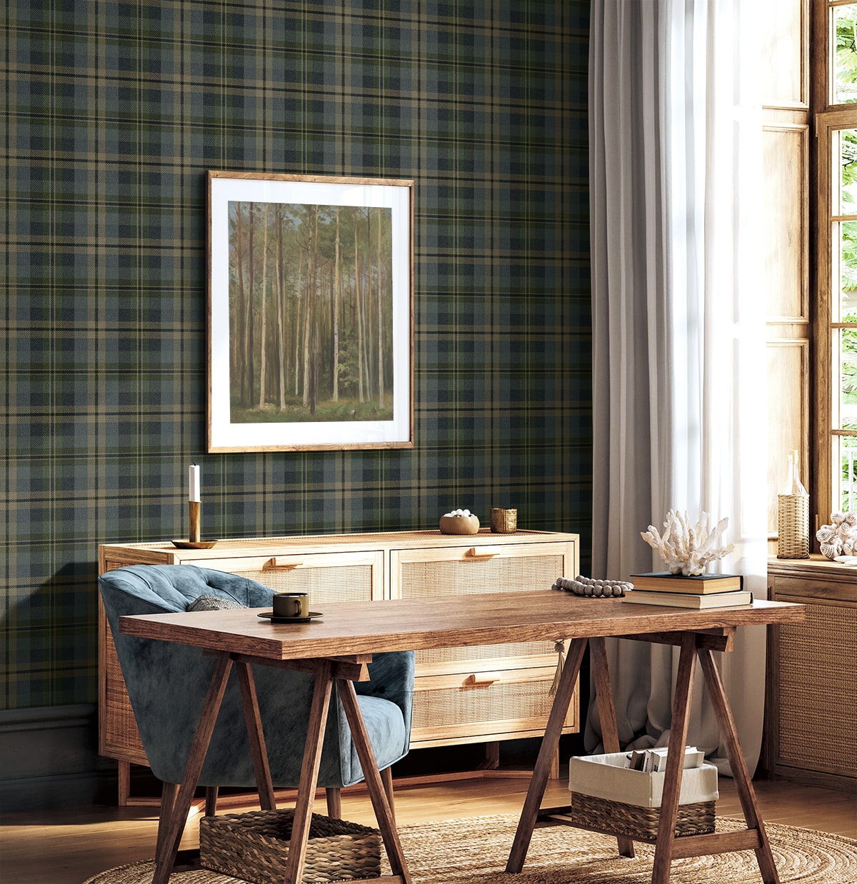 Home office with wooden desk, and framed artwork against a wall decorated with Blue Tailored Plaid Peel & Stick Casa Mia Wallcovering.