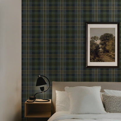 Bedroom wall decorated with Blue Tailored Plaid Peel & Stick Casa Mia Wallcovering.