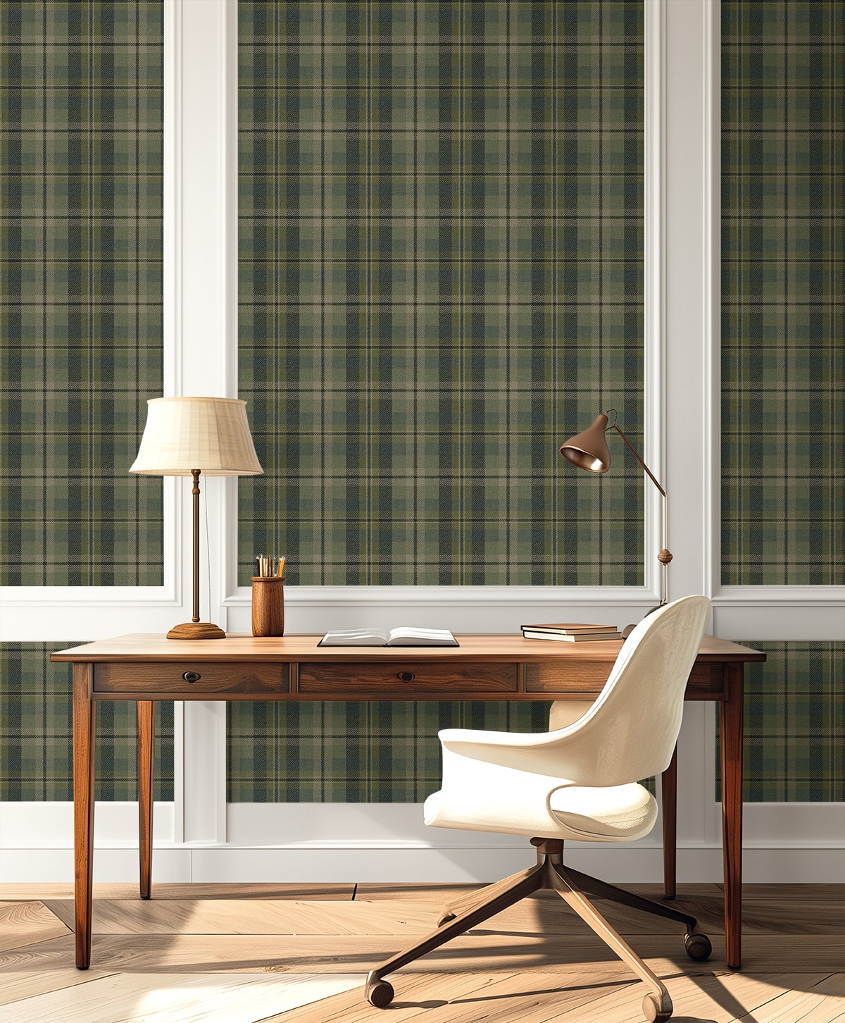Home office with wooden desk, white chair against a wall decorated with Green Tailored Plaid Peel & Stick Casa Mia Wallcovering.