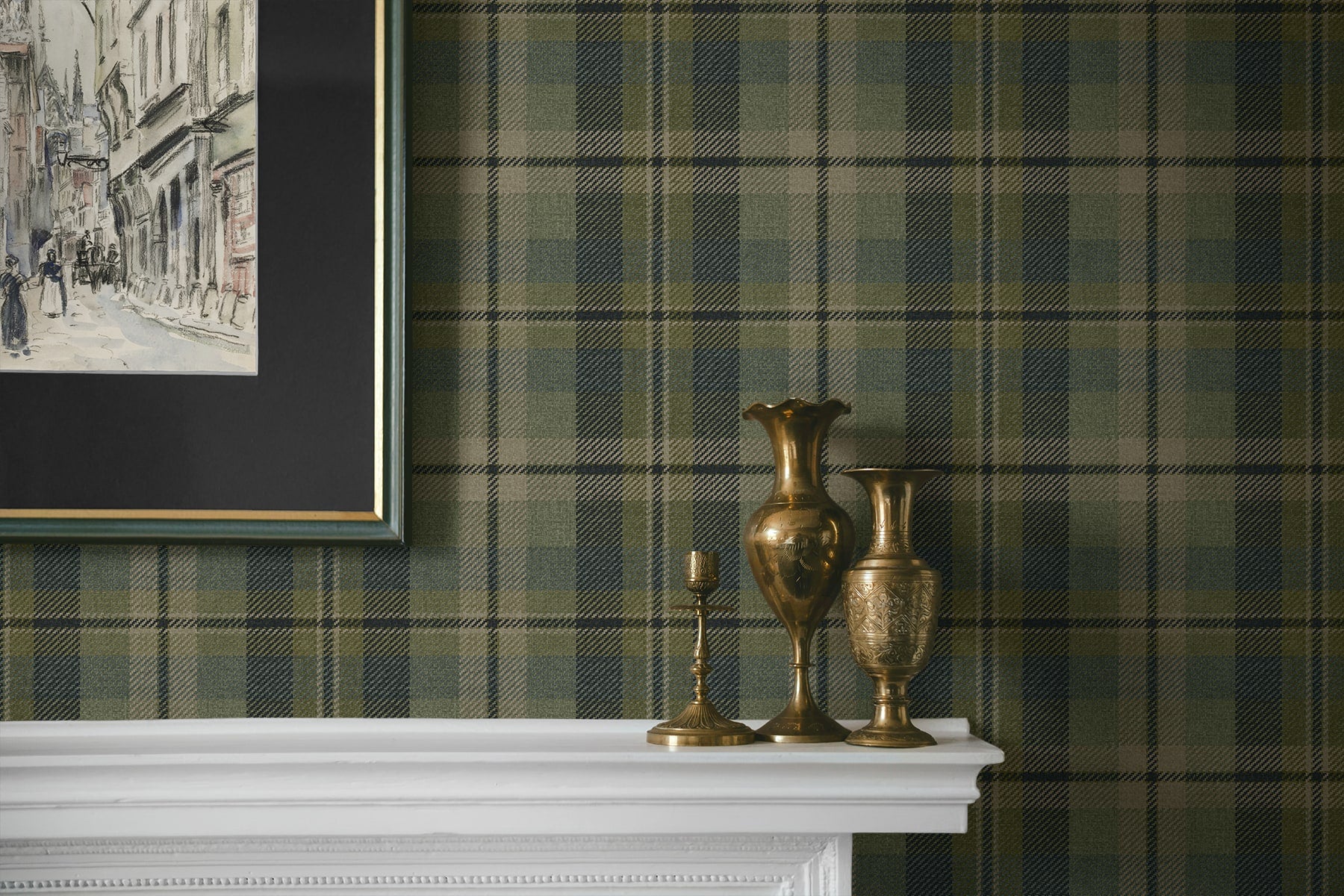 Shelf with metal ornaments and frame on the wall decorated with Green Tailored Plaid Peel & Stick Casa Mia Wallcovering.