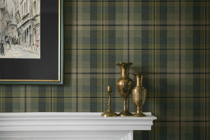 Shelf with metal ornaments and frame on the wall decorated with Green Tailored Plaid Peel & Stick Casa Mia Wallcovering.