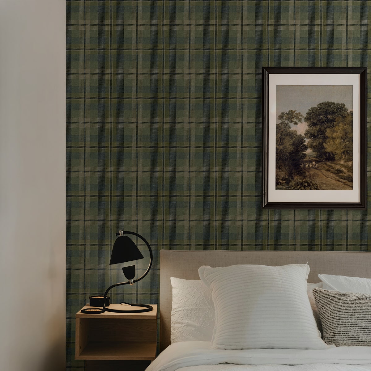 Bedroom wall decorated with Green Tailored Plaid Peel & Stick Casa Mia Wallcovering.